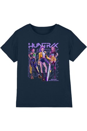 Navy shirt with three animated female characters in futuristic outfits, neon sword, and "HUNTRX K-POP Demon Hunters" text in purple font.