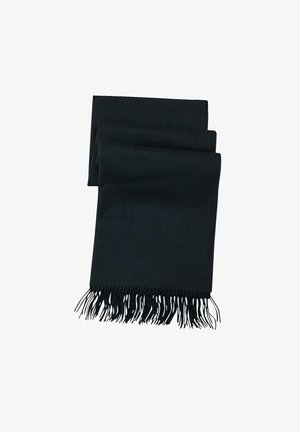 Schwarzer Schal aus einem weichen Material, mit einer glatten Textur und fransigen Kanten. Er ist in drei Abschnitte gefaltet.