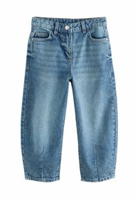 Jean en denim bleu clair avec une coupe décontractée, comportant cinq poches, une fermeture à bouton, et des ourlets se terminant au-dessus de la cheville. Texture douce.