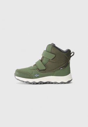 Green waterproof children's winter boot with two Velcro straps, textured fabric upper, and white sole with gray tread.