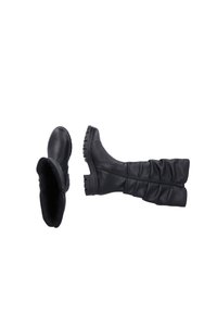 Black knee-high boots with a soft textile lining, feature a textured leather upper, and a ridged rubber sole. Zipper on the side.