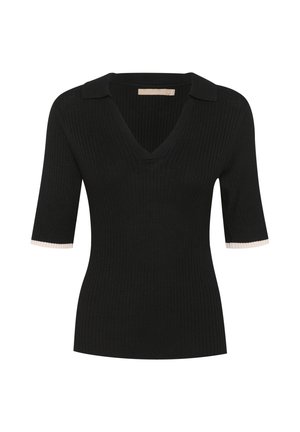 Juoda juostos mesginio palaidinė su V formos iškirpte ir trumpomis rankovėmis. Apvadas rankovių galuose yra šviesios spalvos. Minkšta tekstūra, prigludęs dizainas.