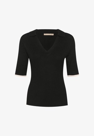 Melnā ribota adīta blūze ar V veida kakla izgriezumu un īsām piedurknēm. Izceļas ar kontrastējošu gaišas krāsas apdari pie piedurknēm. Mīksta tekstūra, pieguļoša forma.