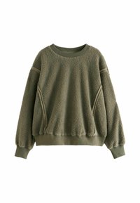 Oliven grøn fleece sweatshirt med ribbet rund hals, manchetter og kantbånd, der har skrå sømdetaljer og et tekstureret, hyggeligt stof.
