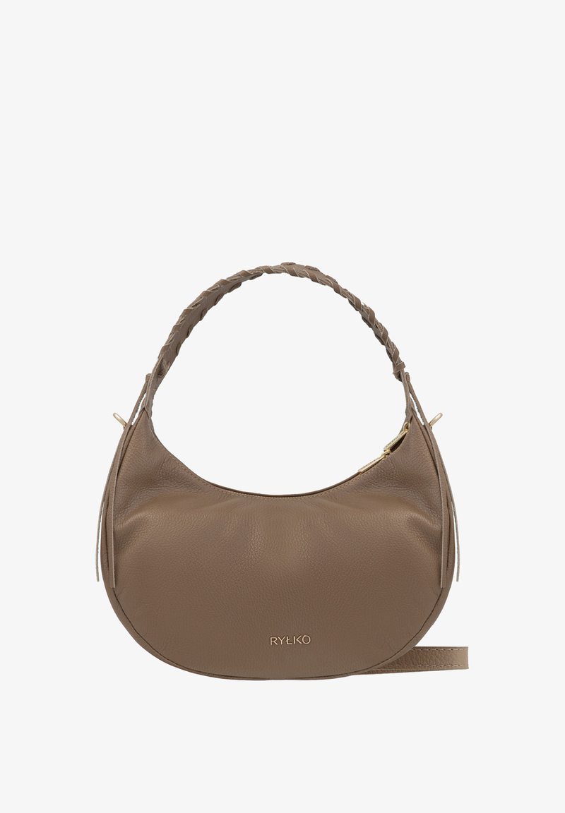 Pruun nahast käekott kumerate kujunditega, punutud sang ja kuldne luku detail. Esiküljel peen logo.