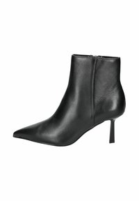 Stivaletti in pelle nera con punta appuntita e design elegante, dotati di un alto tacco a spillo e chiusura con zip sul retro.