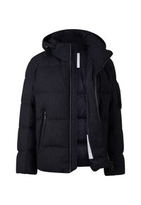 Granatowa pikowana kurtka z przodu na zamek, odpinanym kapturem i dwoma zamykanymi na suwak bocznymi kieszeniami. Miękka zewnętrzna tkanina z gładką podszewką wewnętrzną.