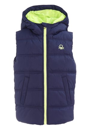 Granatowa puchowa kamizelka z kapturem, z limonkową podszewką, zamkiem błyskawicznym z przodu i kieszeniami po bokach. Subtelne logo na piersi.