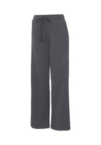 Pantalons gris à jambe large avec des nervures verticales texturées, taille à cordon de serrage et poches latérales. Tissu doux avec une coupe ample pour le confort.