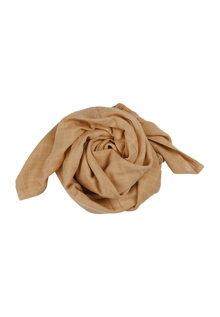 Écharpe tissée beige, texture douce, disposée de manière circulaire, arborant un subtil motif en grille. Accessoire léger et polyvalent, adapté à diverses occasions.