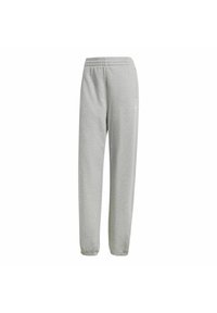 Šedé tepláky s elastickým pásom a manžetami na nohách, vyrobené z mäkkej tkaniny. Obsahujú malé logo na ľavom stehne.