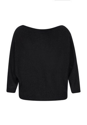 Czarny dzianinowy sweter z szerokim dekoltem w kształcie łódki i rękawami o długości trzech czwartych. Posiada luźny krój oraz teksturowany materiał.
