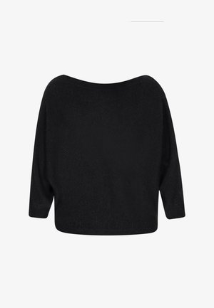 Schwarzer Strickpullover mit weitem U-Boot-Ausschnitt und Dreiviertelärmeln. Verfügt über eine lockere Passform und strukturierten Stoff.