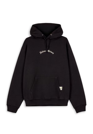 Black hoodie made of cotton, featuring a drawstring hood, front pocket, and embroidered text in cream. Ribbed cuffs and hem.