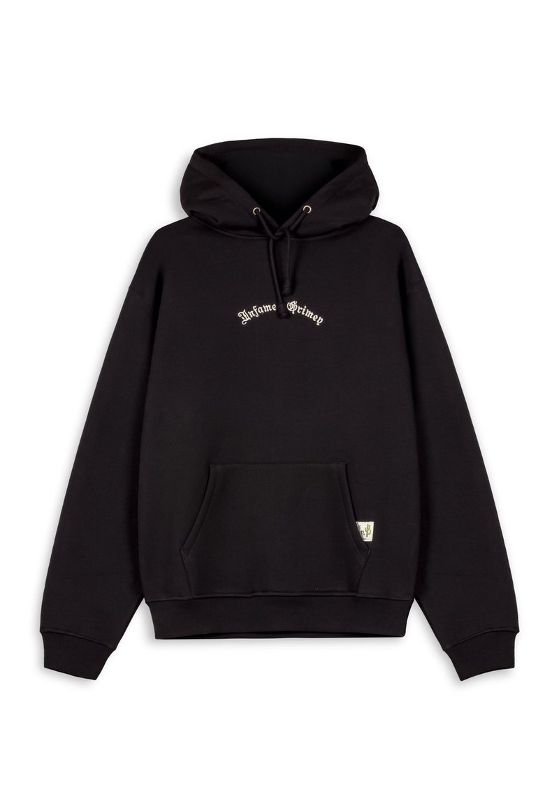 Black hoodie made of cotton, featuring a drawstring hood, front pocket, and embroidered text in cream. Ribbed cuffs and hem.