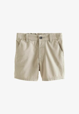 Pantaloni corti in cotone beige con taglio dritto, chiusura a bottone e due tasche anteriori. Texture liscia e design semplice.