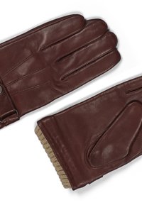 Brune skinnhansker med en ribbete lysbrun strikkekant og dekorativ søm. Inkluderer et belte med en metallspenne på den ene hansken.