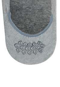 Grijze sok met een getextureerd siliconen antislippatroon bij de hiel. De stof heeft een heathered grijs ontwerp met een gladde, zachte textuur.