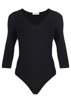 Body nero con maniche lunghe, scollatura a V, realizzato in tessuto liscio e elasticizzato. Presenta un design aderente e fondo senza cuciture.
