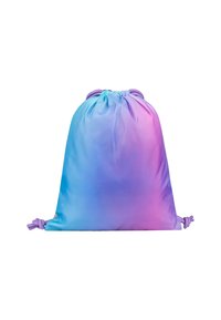 Sacchetto con cordoncino realizzato in tessuto liscio e leggero; presenta una sfumatura di blu e rosa con accenti di cordoncino viola.