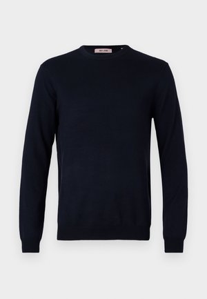 Mørkeblå rundhalsgenser laget av glatt strikket stoff, med lange ermer og ribbede mansjetter og kant. Minimalistisk design uten mønstre.