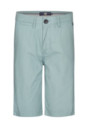 Chłopiec stoi w białej koszulce polo, turkusowych szortach, białych skarpetach w czarne paski oraz białych trampkach Puma na białym tle.