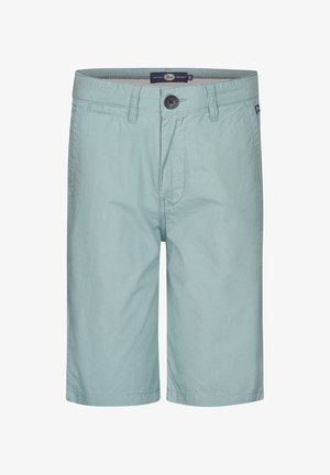 Niño de pie vistiendo una camiseta polo blanca, pantalones cortos de color teal, calcetas blancas con rayas negras y zapatillas Puma blancas sobre un fondo blanco.