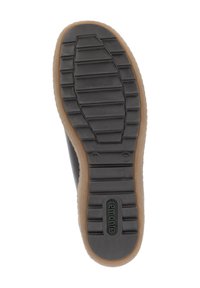 Semelle en caoutchouc avec une surface texturée noire et une semelle extérieure à motif marron. Comprend un logo et une indication de taille sur la semelle.