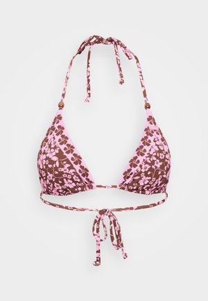 Brown floral bikini top with pink accents. Features a triangular design, adjustable ties, and decorative beads on straps.