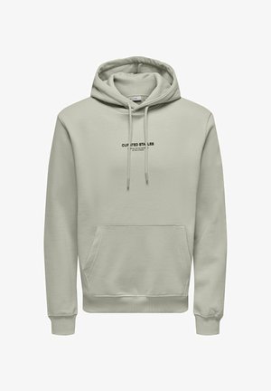 Lichtgrijze katoenmix hoodie met een voorste kangoeroezak, een capuchon met trekkoord en een zwart tekstlogo op de borst. Ribgebreide manchetten en onderrand.