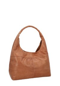 Brun læderhåndtaske med hobo-design. Har en flettet rem og glat tekstur, med sømdetaljer på selve tasken.