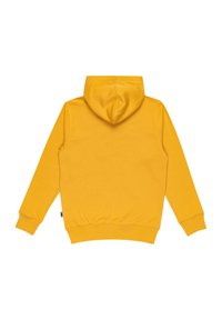 Felpa gialla con cappuccio, dal tessuto liscio, maniche lunghe e tasca a marsupio. Design minimalista senza loghi o motivi visibili.