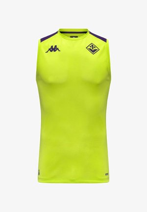 Maillot de sport sans manches jaune néon avec bordure violette, logo Kappa sur la poitrine gauche et emblème du club de football Fiorentina sur la poitrine droite.