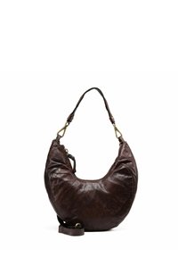 Borsa a spalla in pelle marrone con forma curva e finitura testurizzata. Presenta una tracolla robusta e dettagli in metallo dorato.