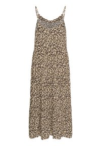 Leopardmönstrad klänning, lättviktig tyg, lagerdesign, spaghetti axelremmar, beige bakgrund med mörkbruna fläckar, volangkrage.