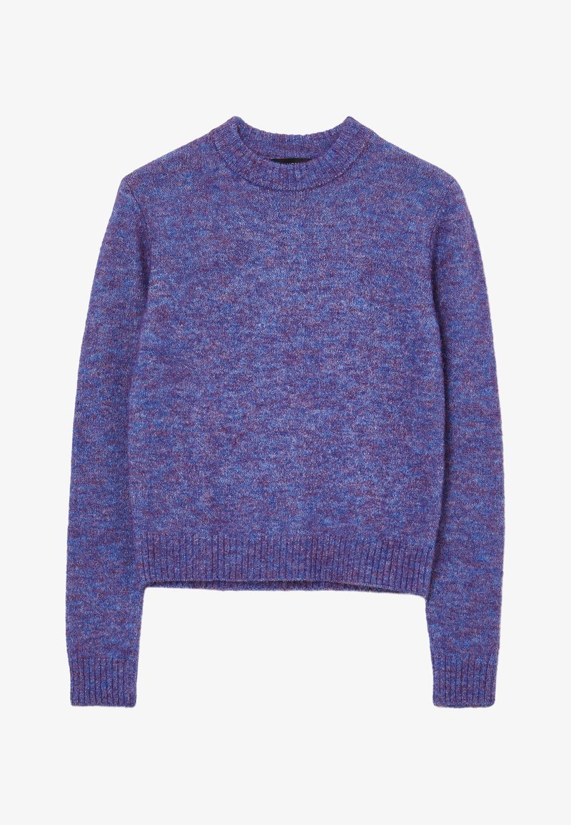 Pull tricoté moucheté violet et bleu avec manches longues, poignets, ourlet côtelés et col rond, posé à plat sur fond blanc.