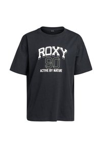 Black cotton t-shirt with short sleeves, round neckline, and front graphic reading "ROXY 90 ACTIVE BY NATURE" in white and light green text.
