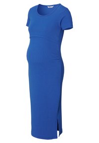 Blauwe zwangerschapsjurk met korte mouwen, ronde halslijn, textuurstof, nauwsluitende bovenkant, ruches aan de zijkant en een split aan de zijkant voor comfort.