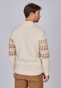 Pull en tricot crème avec un motif brun sur les manches, présentant un col côtelé haut et des poignets côtelés, associé à un pantalon marron.
