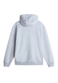 Felpa grigia con cappuccio regolabile, maniche lunghe e polsini e orlo a costine. Tessuto liscio di un colore uniforme, senza motivi o design.
