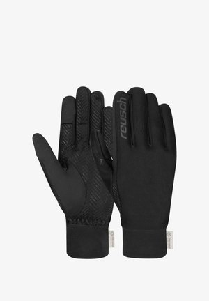 Schwarze Handschuhe mit strukturiertem Griff auf den Handflächen, glattem Obermaterial und elastischem Handgelenkbund für einen engen Sitz. Entworfen für Wärme und Beweglichkeit.