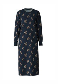 Abito navy con maniche lunghe, caratterizzato da un motivo ripetuto di cervi e cuori. Realizzato in un tessuto morbido e leggero. Collo rotondo.