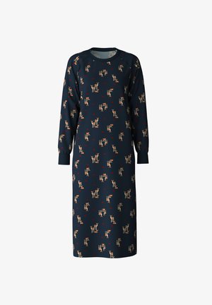Marine jurk met lange mouwen, voorzien van een herhalend patroon van herten en harten. Gemaakt van een gladde, lichte stof. Ronde halslijn.