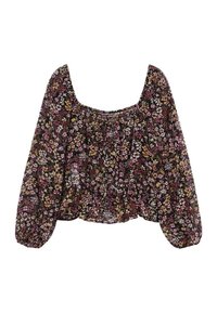 Czarna bluzka w kwiaty z długimi, bufiastymi rękawami, kwadratowym dekoltem i marszczonym elastycznym pasem, zdobiona kolorowymi wzorami kwiatowymi.