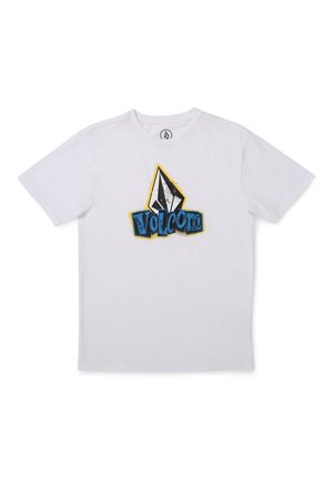 Hvid t-shirt med korte ærmer med et farverigt Volcom-logo, der har en stiliseret sort-hvid sten og blå tekst med gul kant.