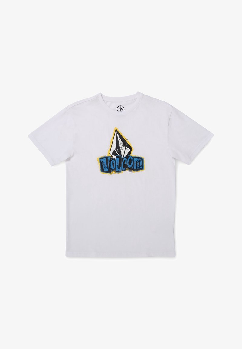 T-shirt blanche à manches courtes avec un logo Volcom coloré, présentant une pierre stylisée en noir et blanc et un texte bleu bordé de jaune.