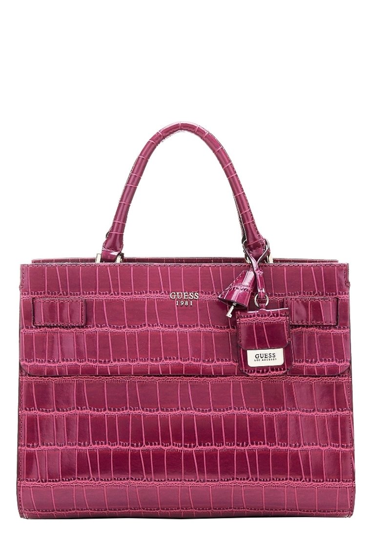 Borsa a mano rosa in ecopelle con texture a coccodrillo, doppio manico e un'etichetta portachiavi removibile con il logo del marchio.