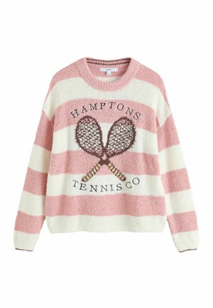 Pink and white striped fuzzy sweater with crossed tennis rackets and "Hamptons Tennis Co" text on the front.