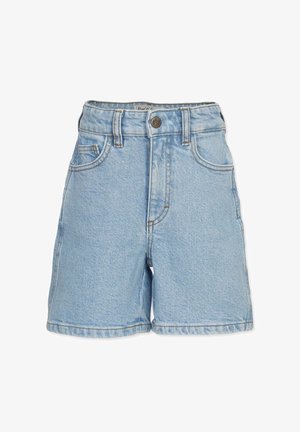 Lichtblauwe denim short met hoge taille, voorzien van voorzakken, riemlussen en een metalen knoopsluiting.