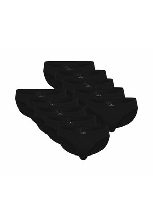 Zehn schwarze Baumwollunterhosen im Slip-Stil, angeordnet in einem versetzten Raster auf weißem Hintergrund.